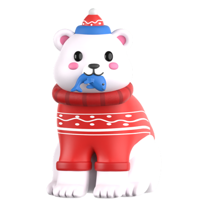 Ícone 3D de urso polar com peixe 3D Graphic