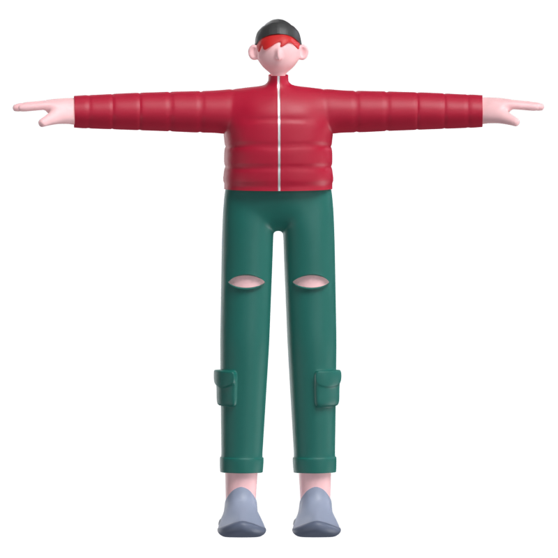 Personagem de menino ruivo em 3D usando calça rasgada e jaqueta de inverno