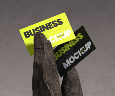 Static Two Business Card 3D Mockup With Realistic Rock Base 3D Template