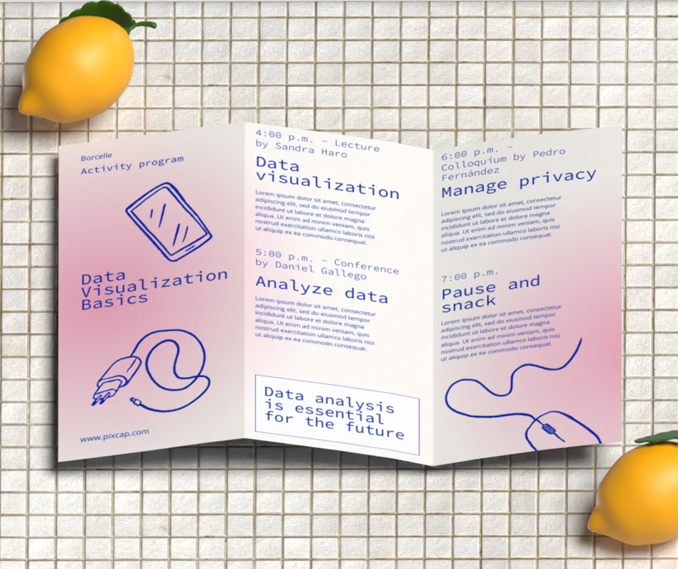 3D Static Mockup Leaflet With Lemons On Tile Floor 3D Template