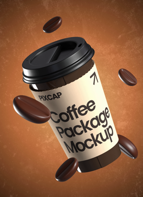 Static Coffee Cup 3D Mockup With Floating Beans 3D Template
