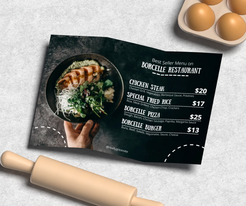 3D Static Mockup Menu On Kitchen Table With Rolling Pins And Eggs