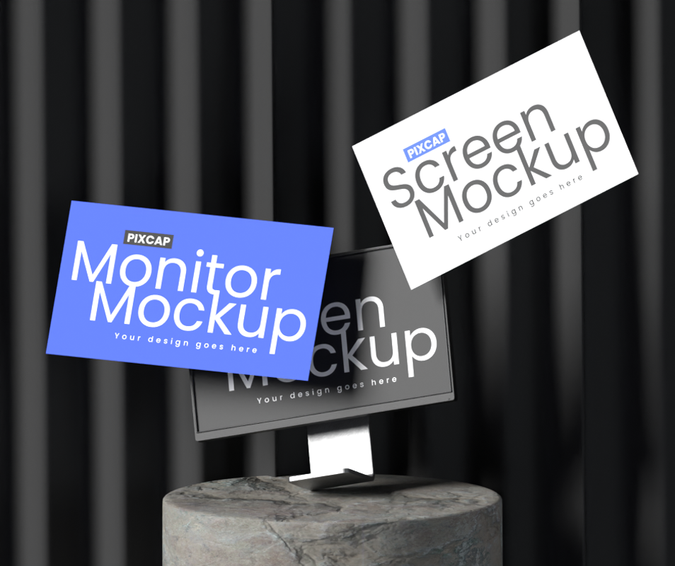 Statischer Monitor 3D Mockup mit schwebenden Bildschirmen 3D Graphic