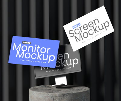 Static Monitor 3D Mockup With Floating Screens 3D Template