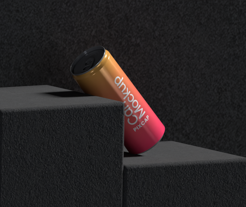 Static Long Can 3D Mockup In The Realistic Stair And Wall