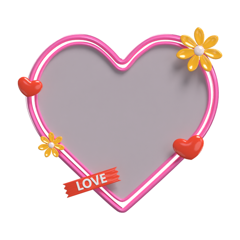 3D Polaroid Heart Shaped Frame With Flowers & Hearts Model 3D Graphic