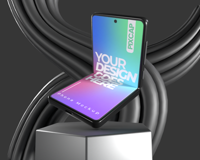 Folded Phone 3D Mockup Showcase In Podium 3D Template
