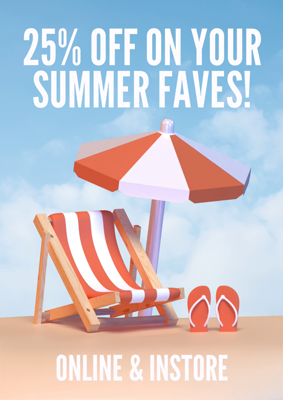 Store Discount For Summer Faves 3D Template Beach Chair Under Umbrella And Flip Flops Orange Themed Banner With Sky Background 3D Template