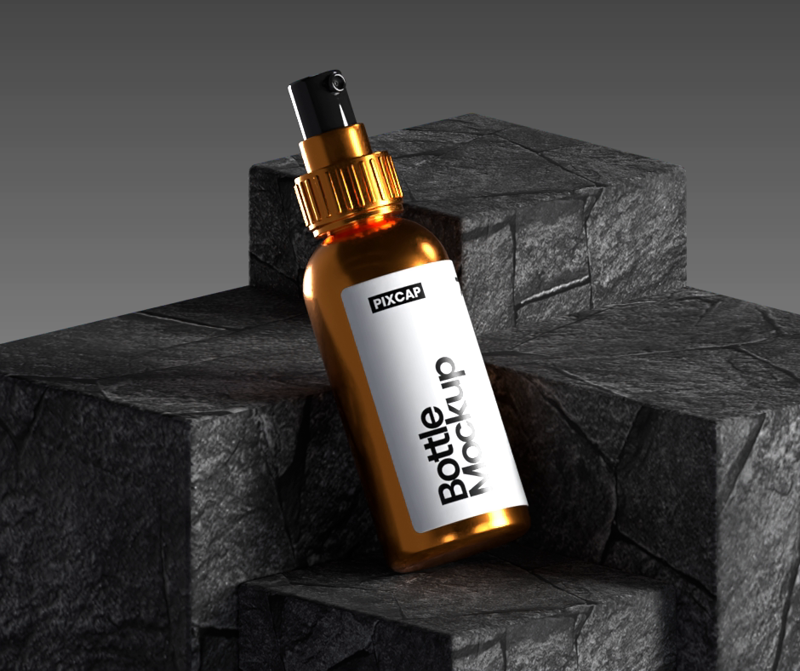 Static Perfume Bottle 3D Mockup With Realistic Rock Texture Cube Shaped Platforms