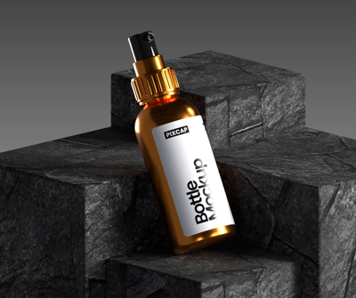 Static Perfume Bottle 3D Mockup With Realistic Rock Texture Cube Shaped Platforms 3D Template