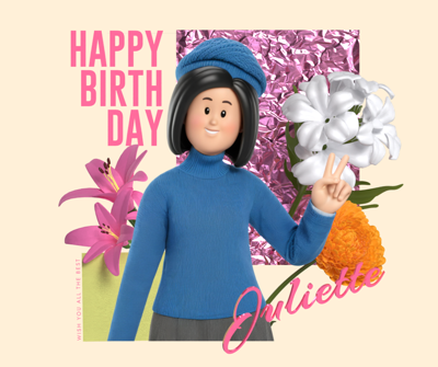 Happy Birthday Banner With Flowers And Female Character 3D Template 3D Template