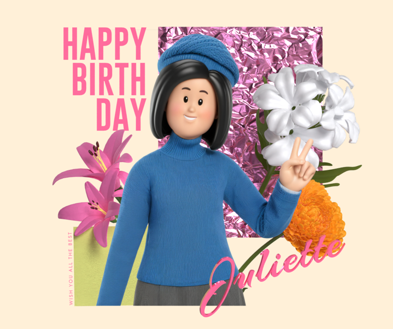 Happy Birthday Banner With Flowers And Female Character 3D Template