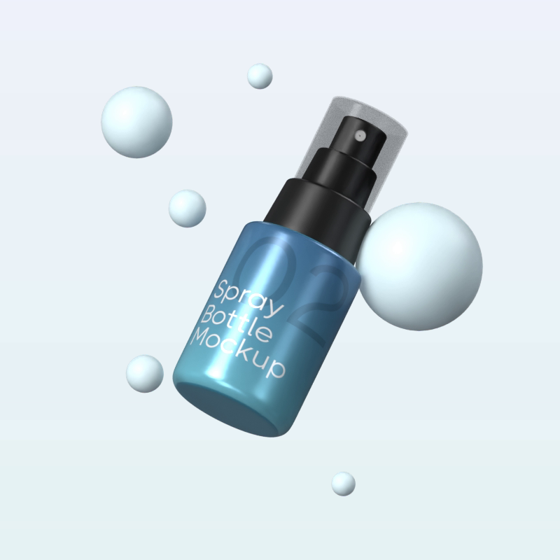 Spray Bottle Cosmetic 3D Mockup With Bubbles