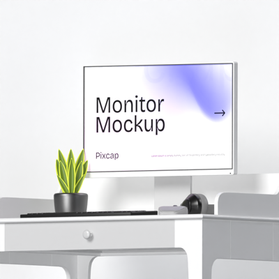Monitor 3D Mockup With Minimalist White Desk And Indoor Plant 3D Template