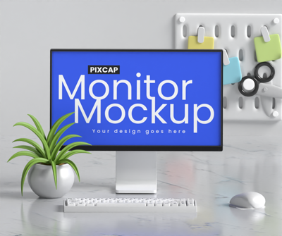 Static Monitor 3D Mockup In The Working Space 3D Template