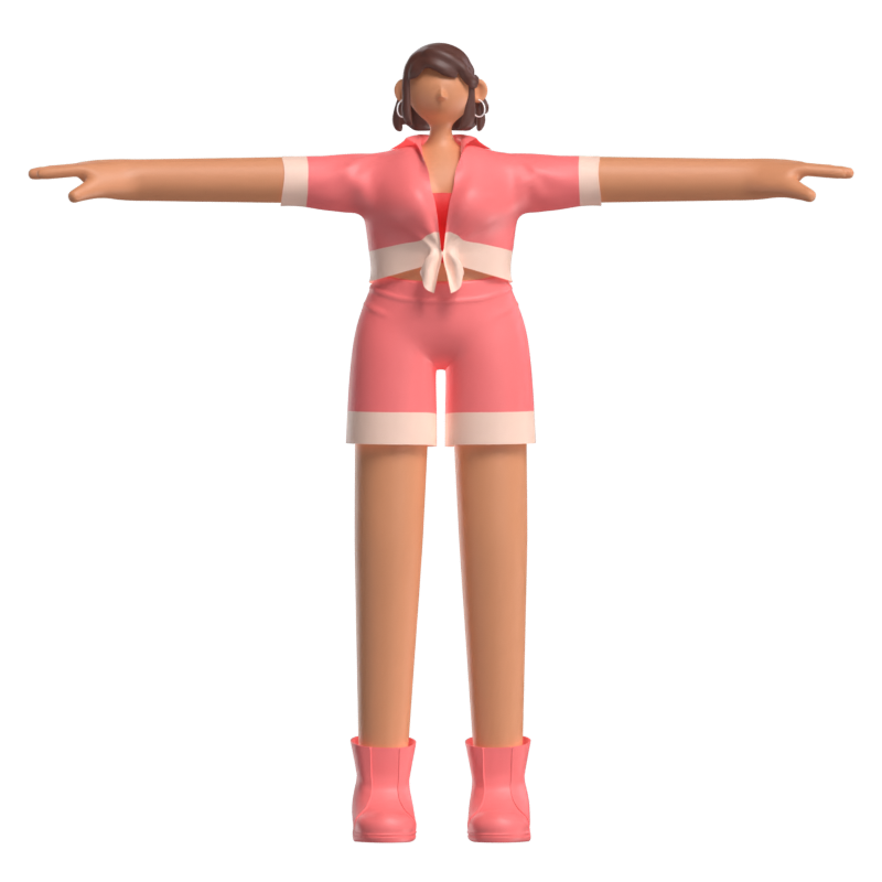 Personagem feminina de pelo curto em 3D vestindo uma camisa amarrada com um nó e shorts