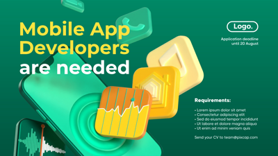 Job Opportunity Announcement For Mobile App Developers Position With A Phone And Apps Flying Around 3D Banner 3D Template
