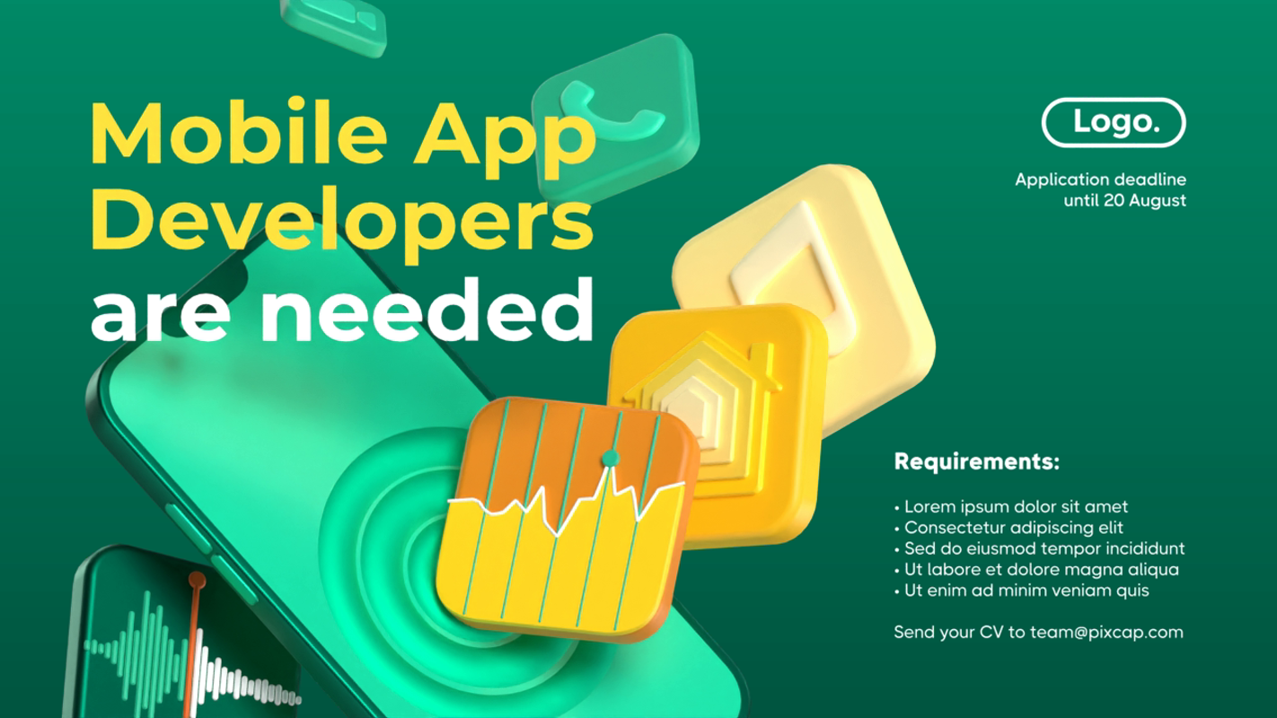 Job Opportunity Announcement For Mobile App Developers Position With A Phone And Apps Flying Around 3D Banner
