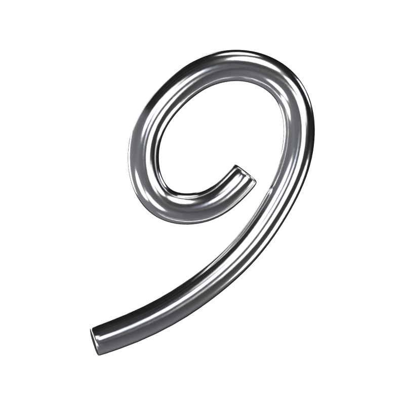 3D Number 9 Shape Chrome Text 3D Graphic