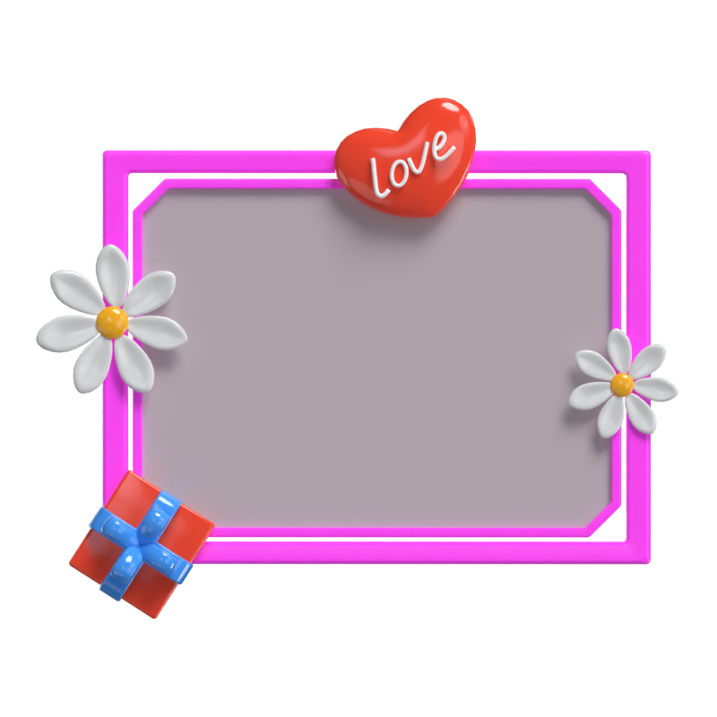 3D Polaroid  With Gift Flower Decoration And Hearts Model