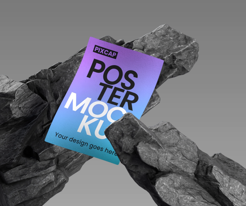 Static Poster 3D Mockup With Realistic Rocks