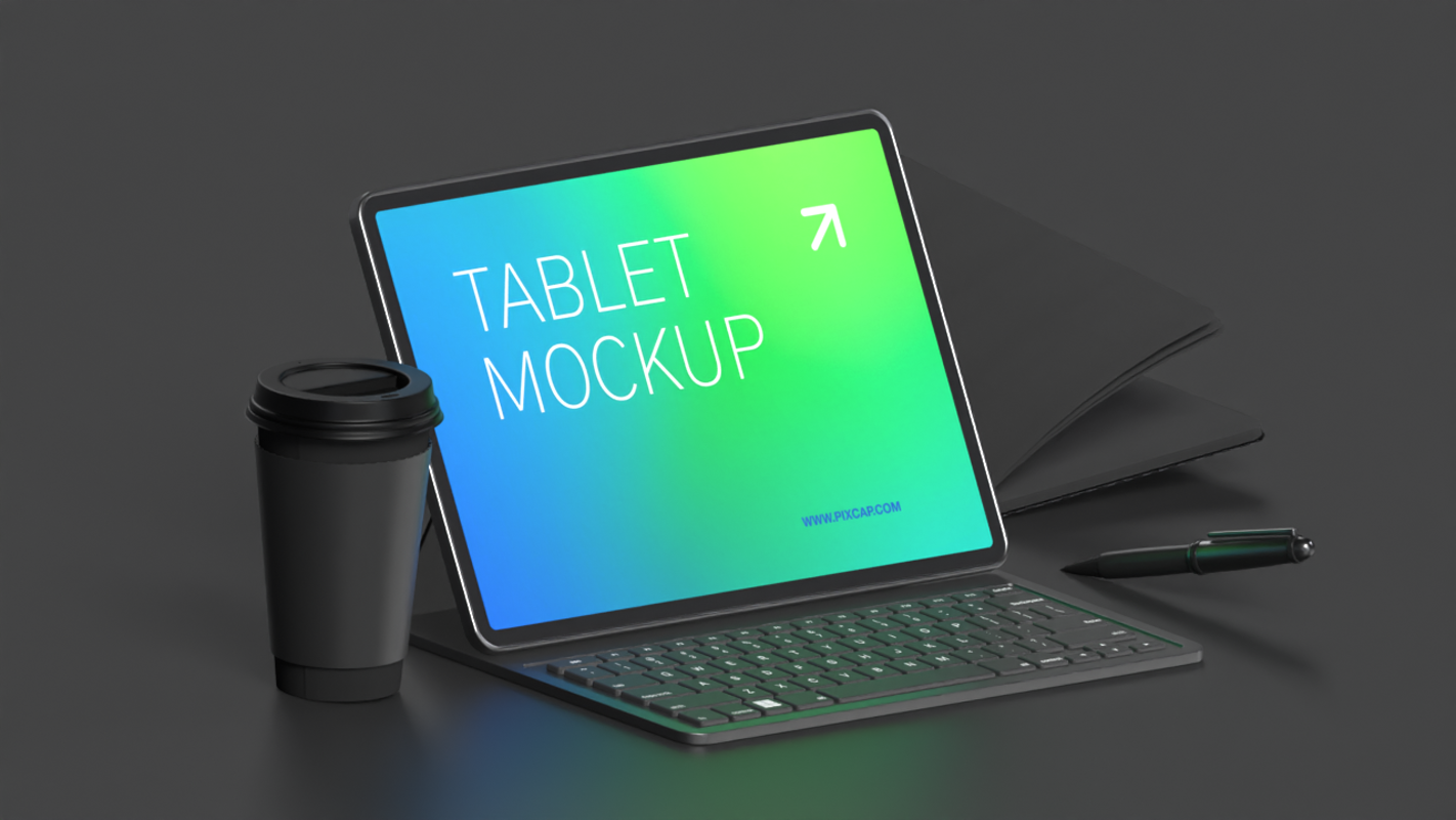 Dark Minimalist Theme 3D Tablet Mockup With Book Pen And Coffee
