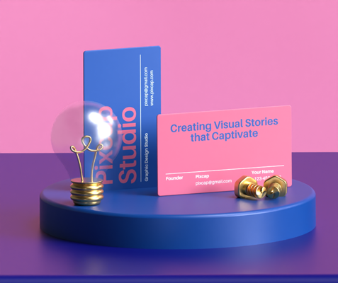 Animated Business Cards On Podium With Lightbulb & Screws 3D Mockup 3D Template