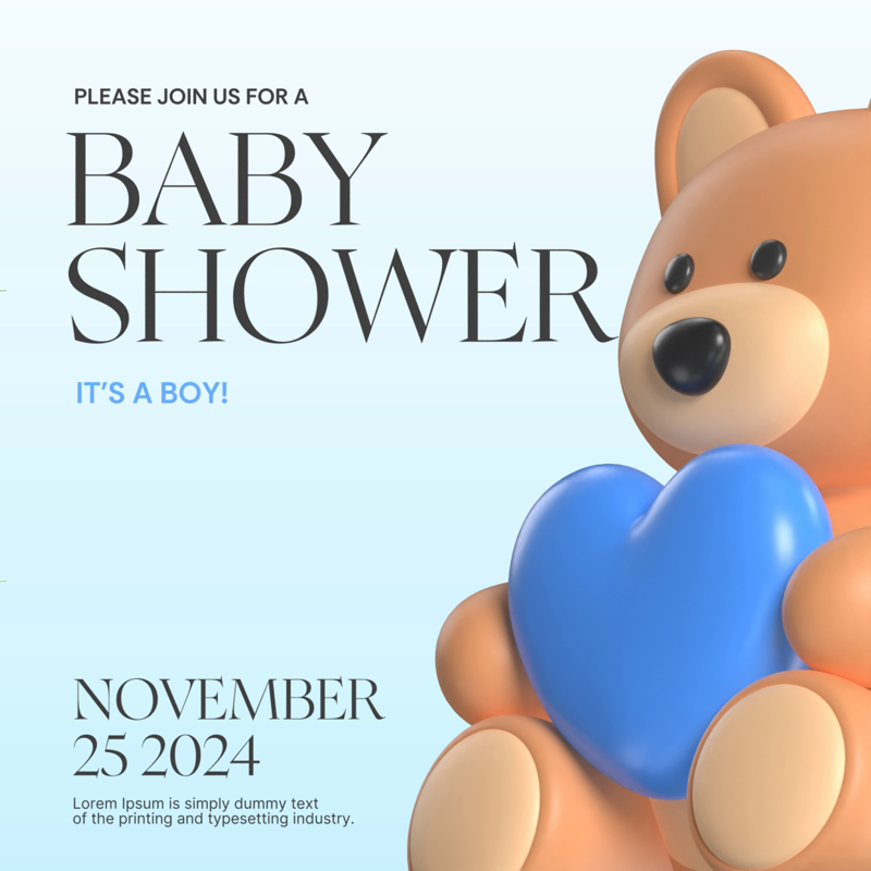 Baby Shower Banner With Baby Blue Theme And Teddy Bear Holding Blue Heart 3D Template