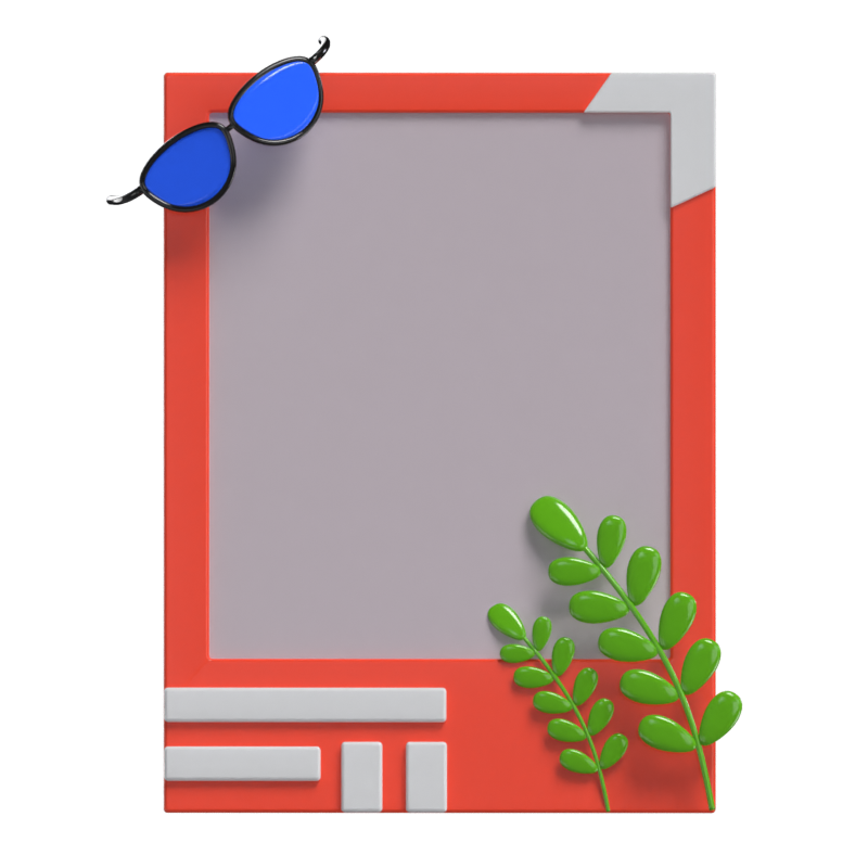 3D Polaroid  With Glasses And Leaves Model