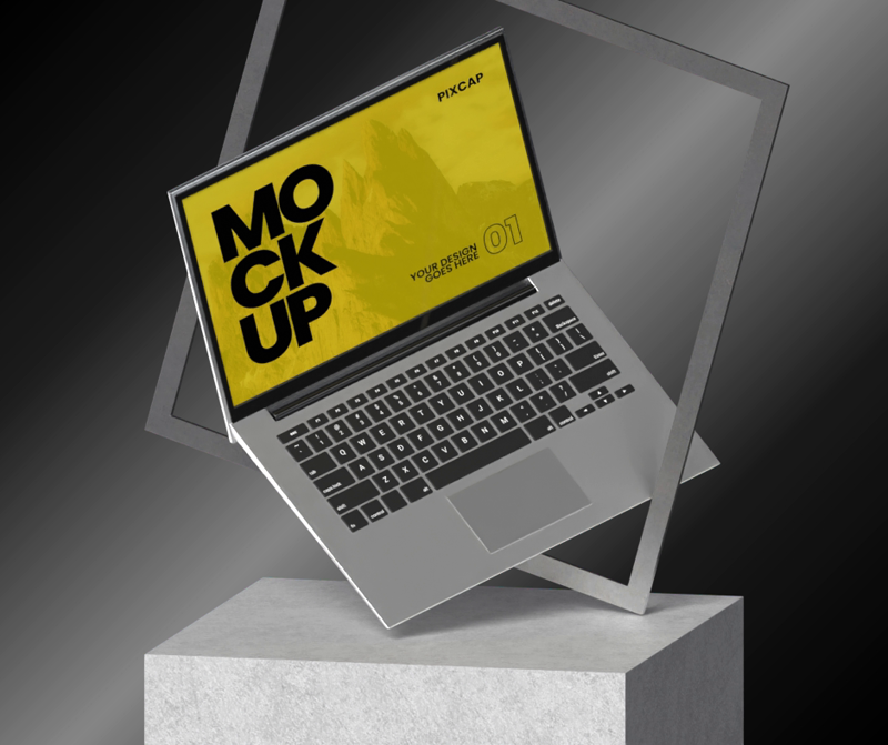Laptop Mockup With Podium And Frame 3D Mockup