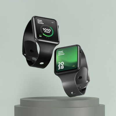 Two Smartwatches Floating On Podium 3D Mockup 3D Template