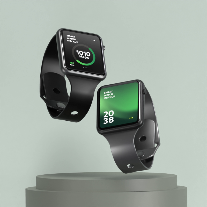 Two Smartwatches Floating On Podium 3D Mockup