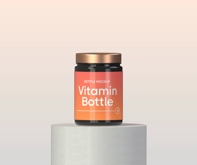 Vitamin Bottle 3D Mockup With Golden Cap On Podium 3D Template