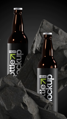 Static Bottles 3D Mockup With Dark Realistic Rock 3D Template