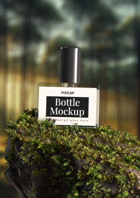Static Perfume Bottle 3D Mockup In The Forest 3D Template
