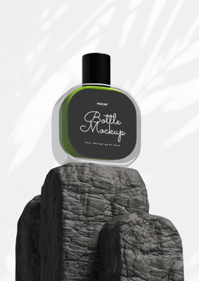 Animated Perfume Bottle 3D Mockup Over The Rock Podium 3D Template