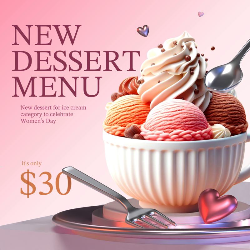 Ice Cream 3D Design Ads With Spoon Fork And Plate For Women's Day Event