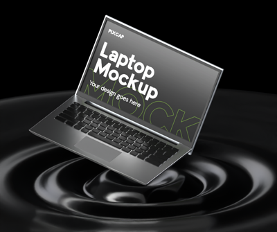 3D Static Mockup Electronic Device Laptop On Water Background All Black Minimalism 3D Template