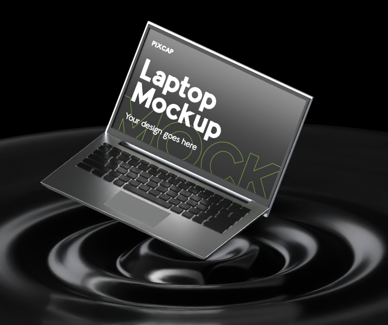 3D Static Mockup Electronic Device Laptop On Water Background All Black Minimalism