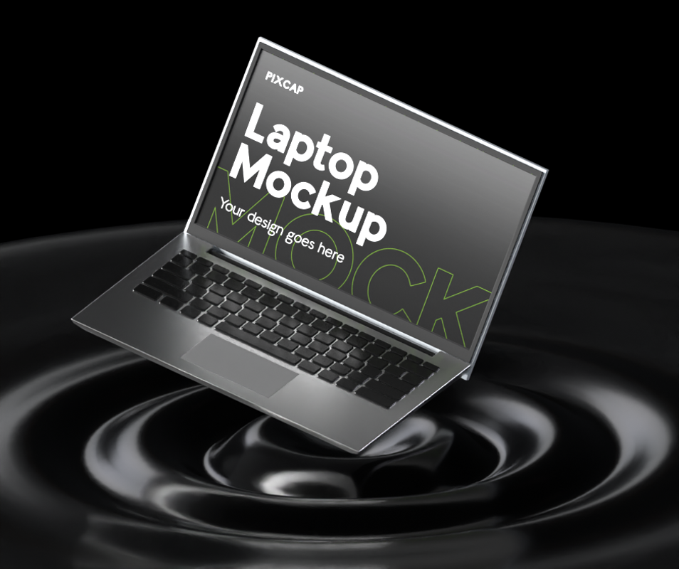 3D Static Mockup Electronic Device Laptop On Water Background All Black Minimalism 3D Graphic