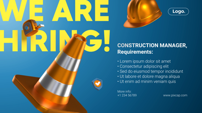 Hiring Design Announcement for Construction Industry with A Cone, Safety Helmet and Roll Meter 3D Banner 3D Template
