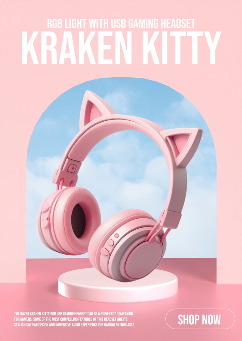 Cute Cat Ear Headphone Podium Display Pink Feminine Sky Background Podium Display 3D Template