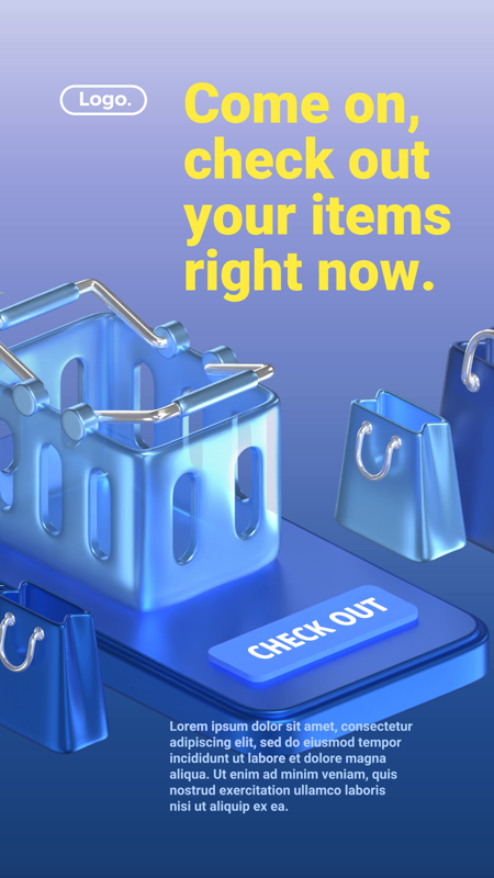 Check Out Your Items Ads Design with A Phone, SHopping Basket and Shopping Bags 3D Template