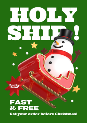 Delivery Service Fast & Free On Christmas Feature Snowman On Sleigh Ride And Falling Snow 3D Template