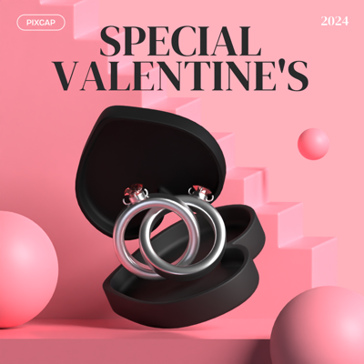 Special Happy Valentine's Black Satin Heart Shape Ring Box And Platinum Couple Rings With Pink Decoration Background 3D Template 3D Template