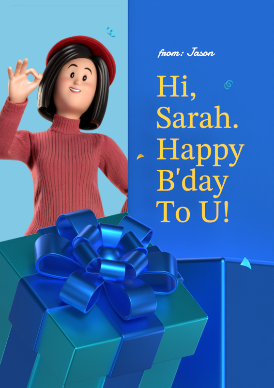 3D Greeting Poster for Birthday with A Girl and A Gift