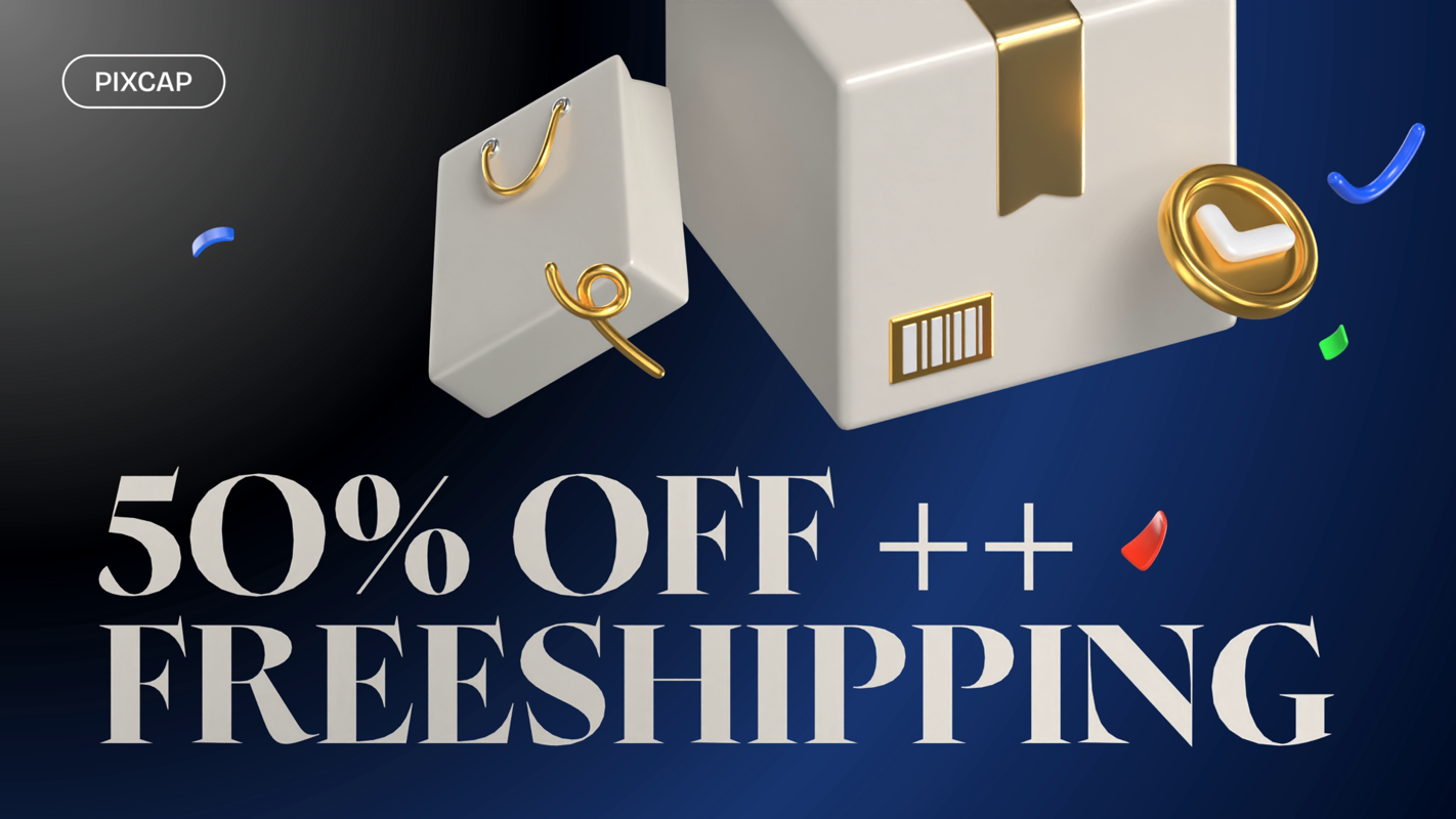 50% Off Free Shipping Promotion Banner Gold Elements 3D Template