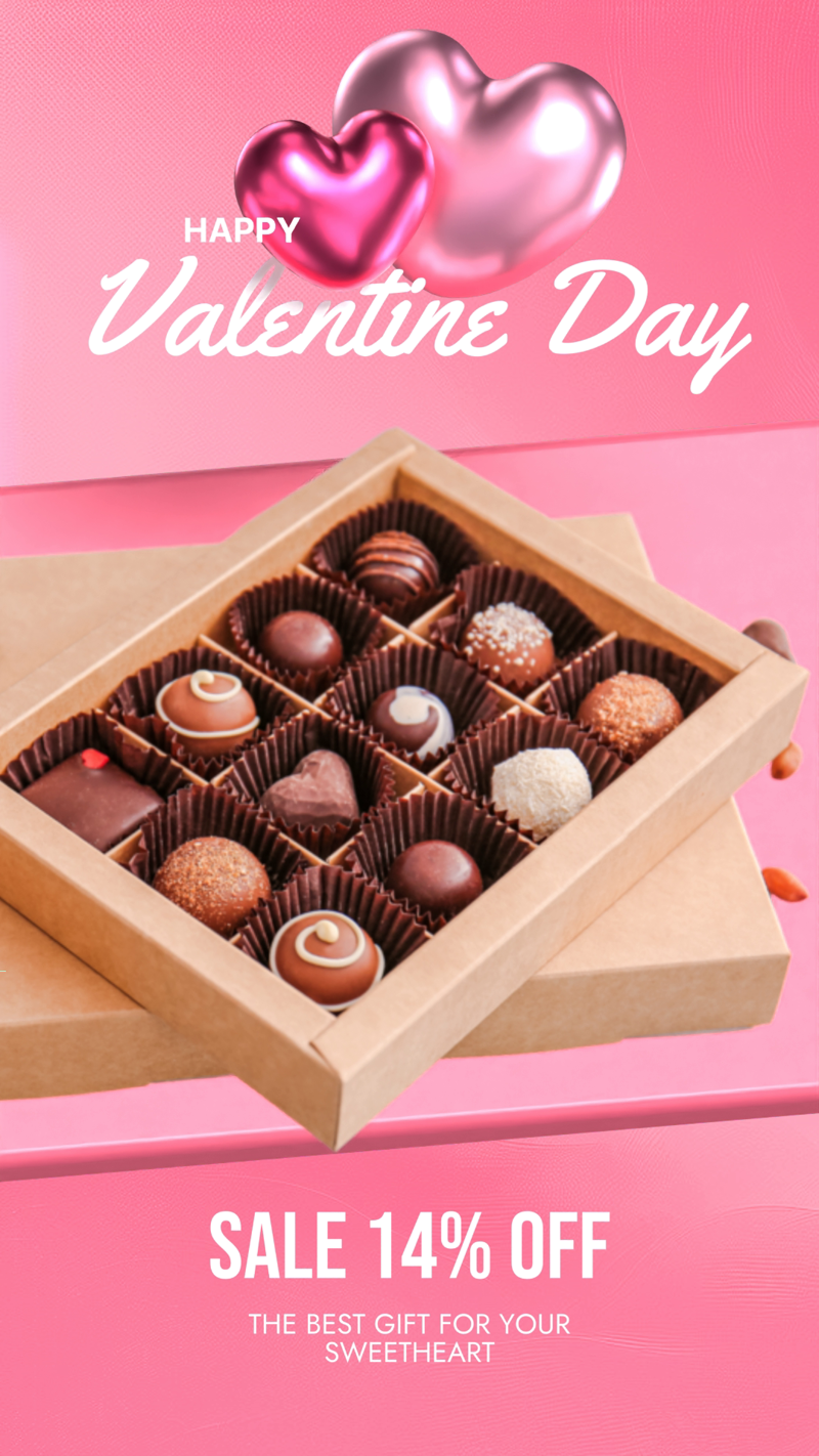 Happy Valentine Day Chocolate Box Sale With 3D Heart Shapes 3D Template