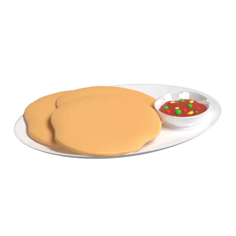 3D Drei Canai-Brotstücke mit Gemüse und Fleischsauce an der Seite 3D Graphic