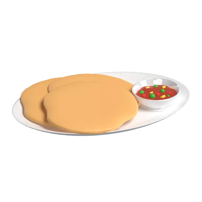 3D Three Canai Bread Pieces With Vegetables And Meat Sauce On The Side 3D Graphic